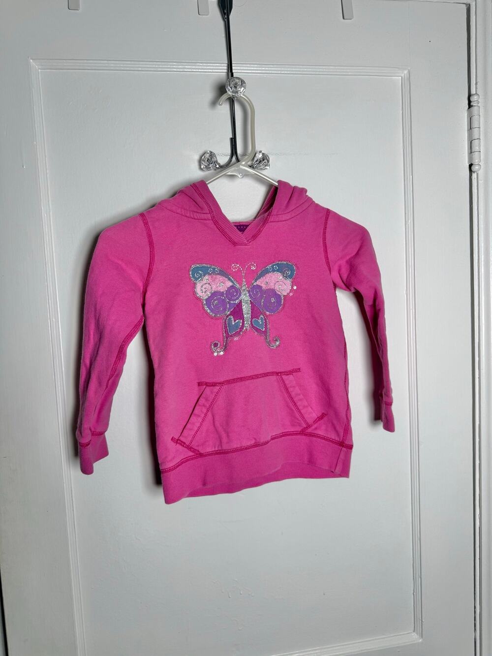 Y2K Gap Kids Pink Butterfly Hoodie Girls SM 6 7 Glitter Graphic Sweatshirt Girly